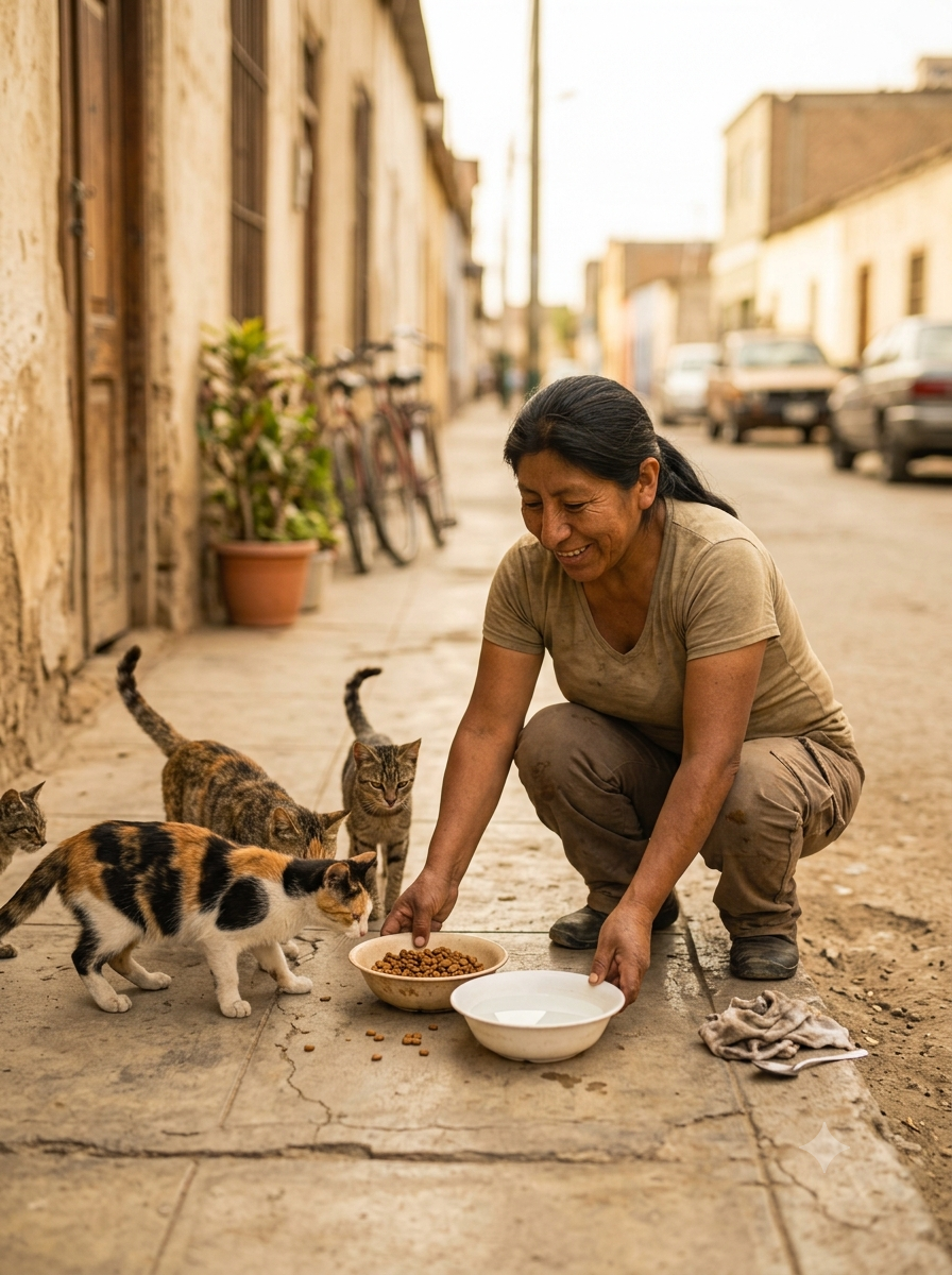 Alimento y agua para gatos callejeros en Chorrillos