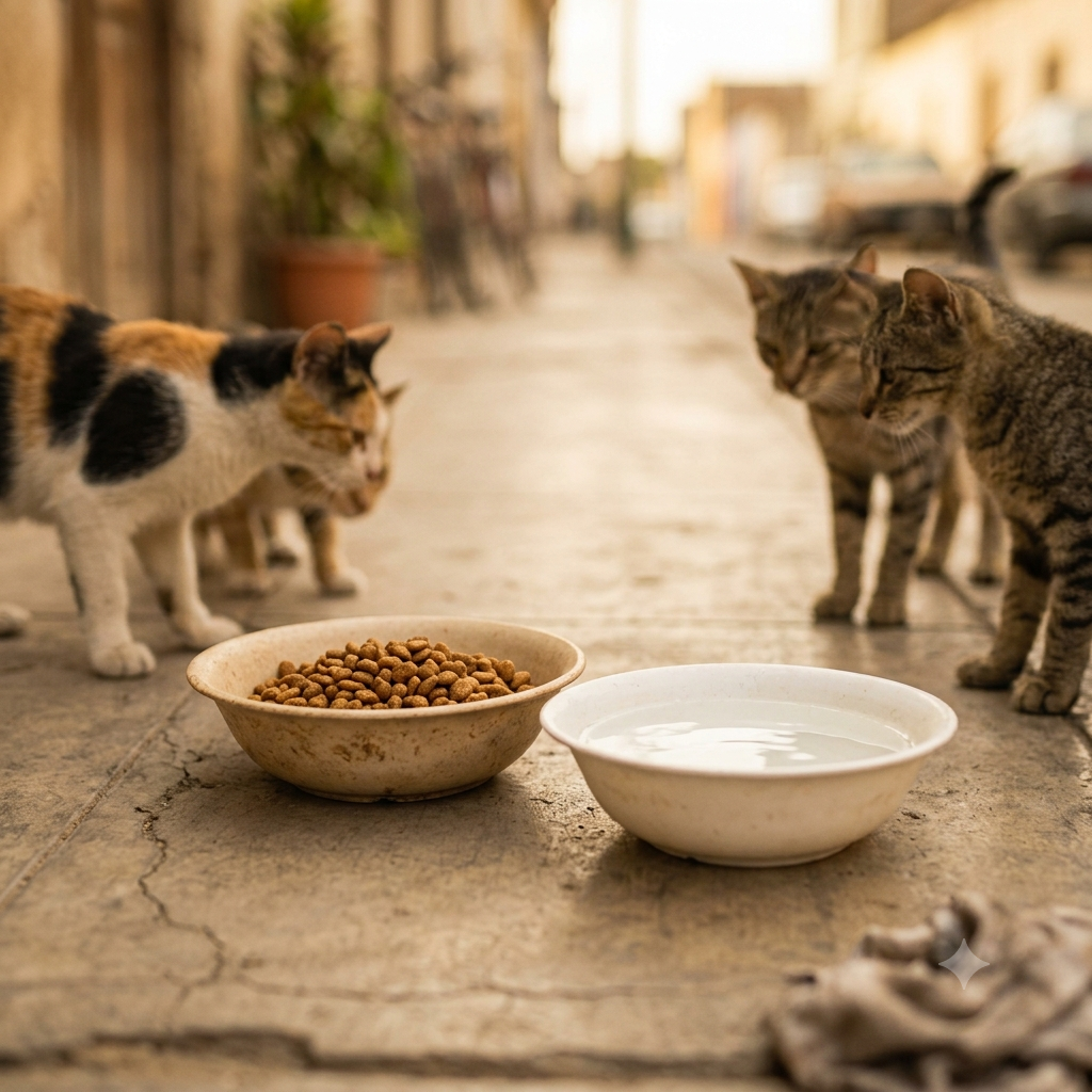 Platos con alimento y agua para gatos