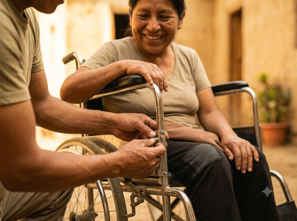 Persona usando equipo médico donado en su hogar