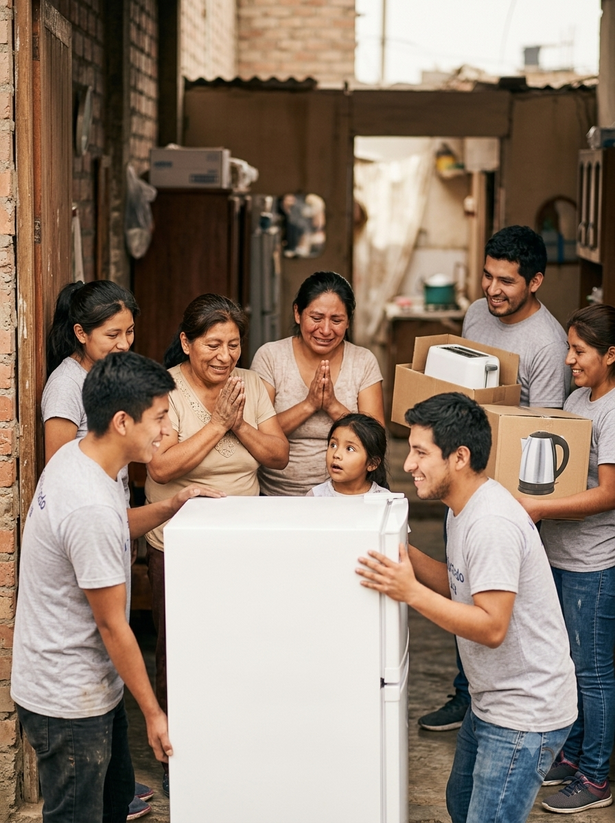 Entrega de aparatos electrónicos donados a una familia