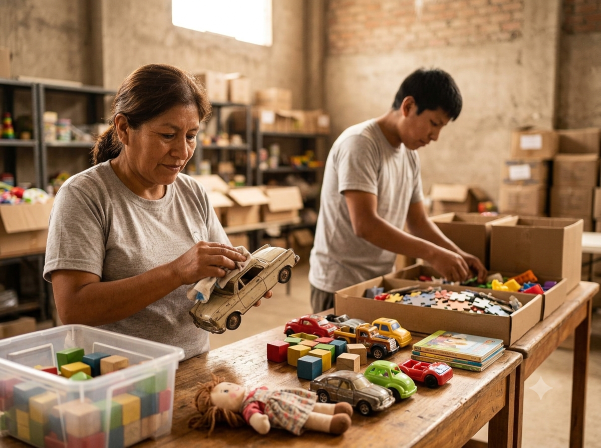 Voluntarios de Dar es Dar clasificando juguetes donados