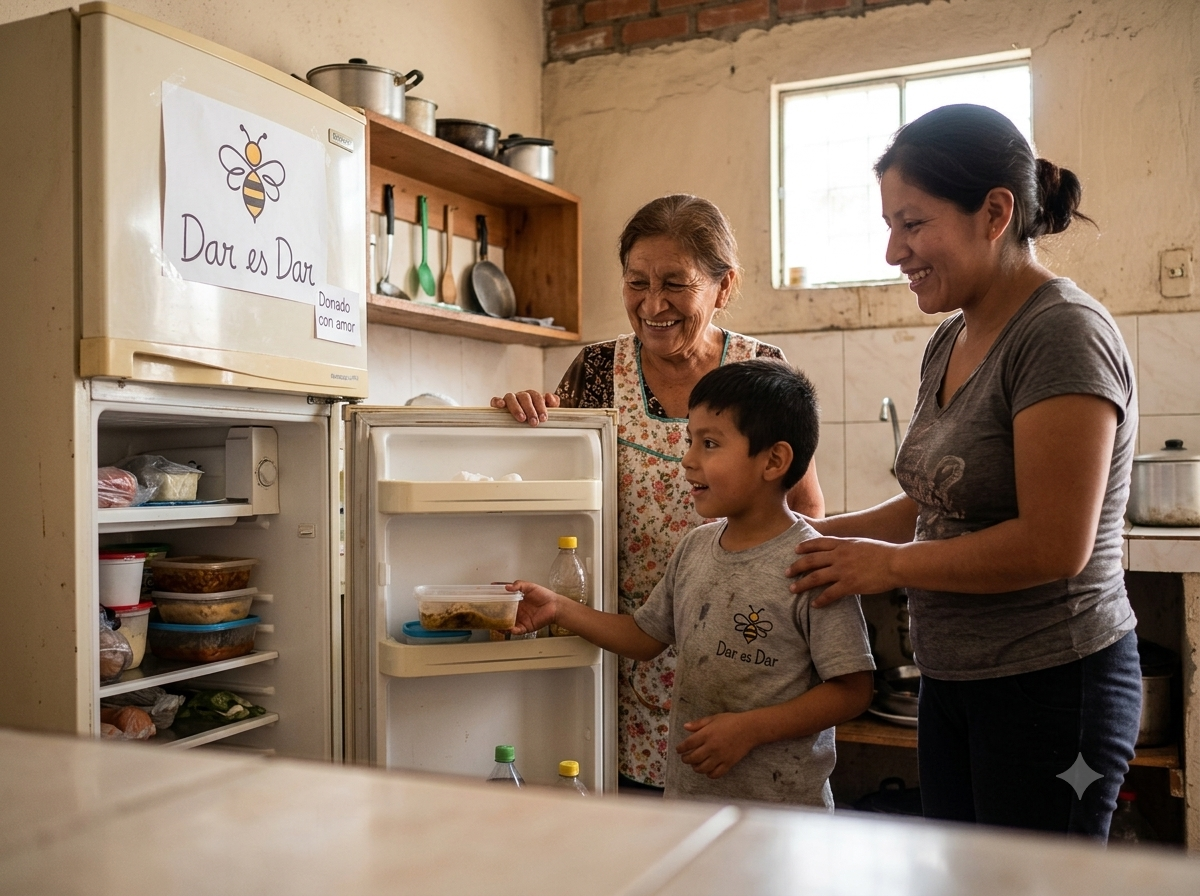 Voluntarios entregando aparatos electrónicos donados a una familia