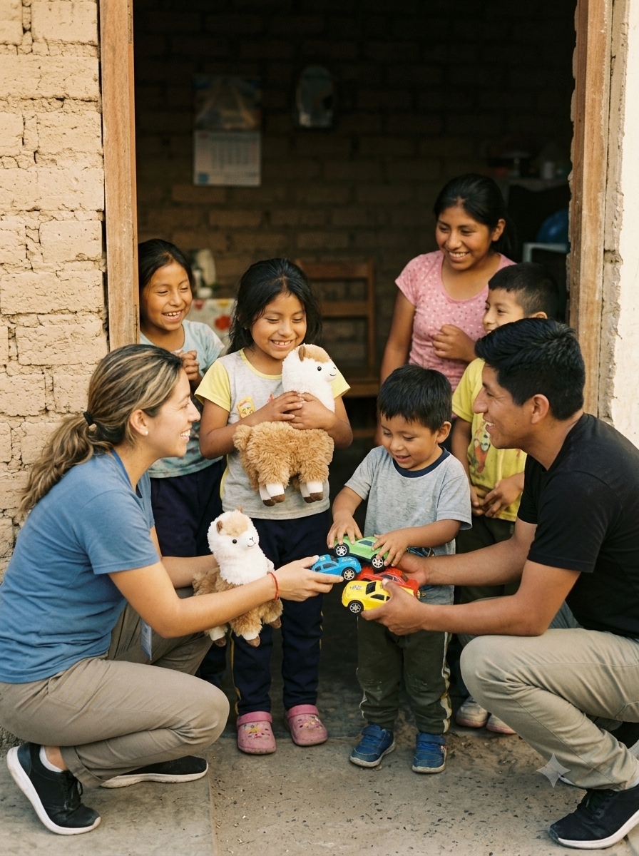 Niño feliz recibiendo juguetes donados