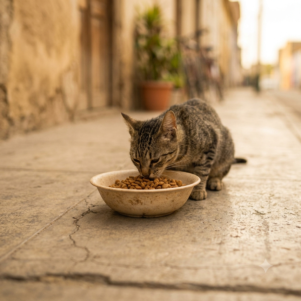 Gato callejero alimentándose