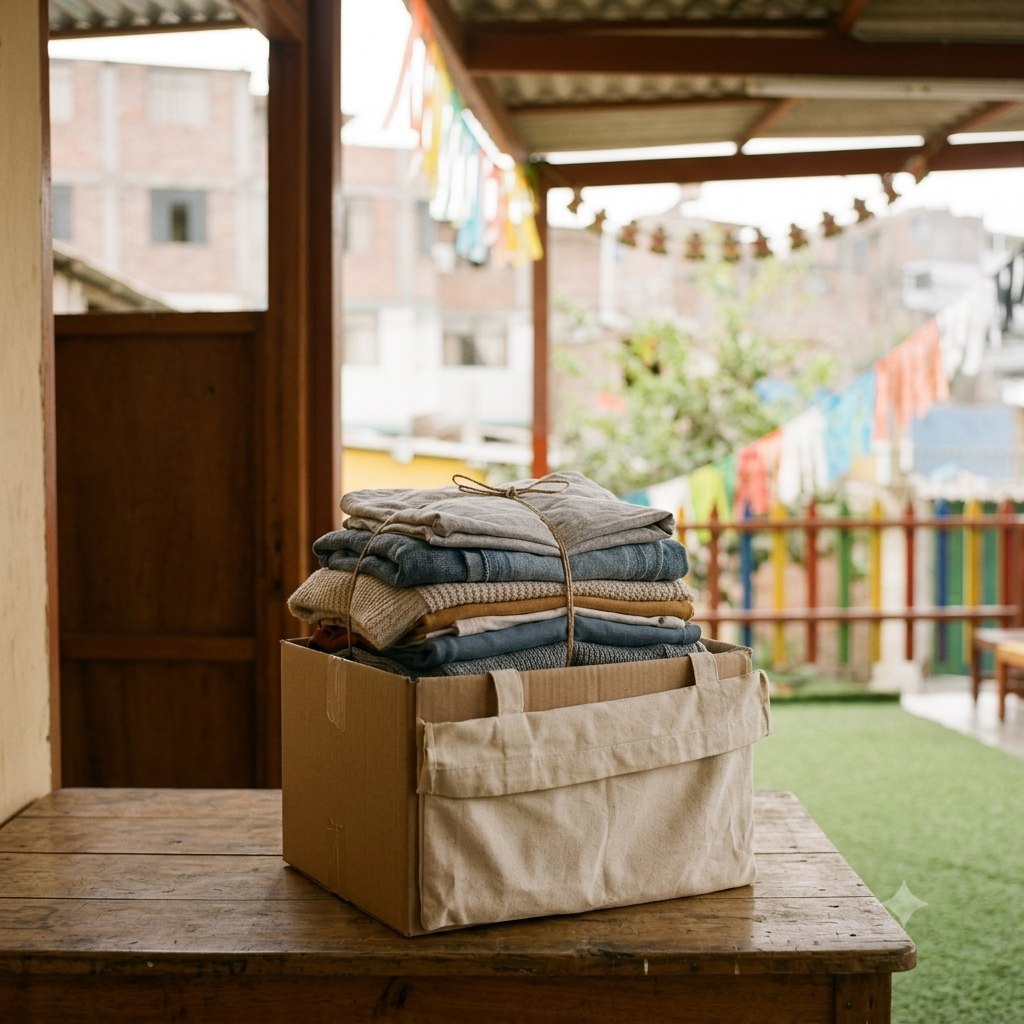 Entrega de ropa donada a una familia